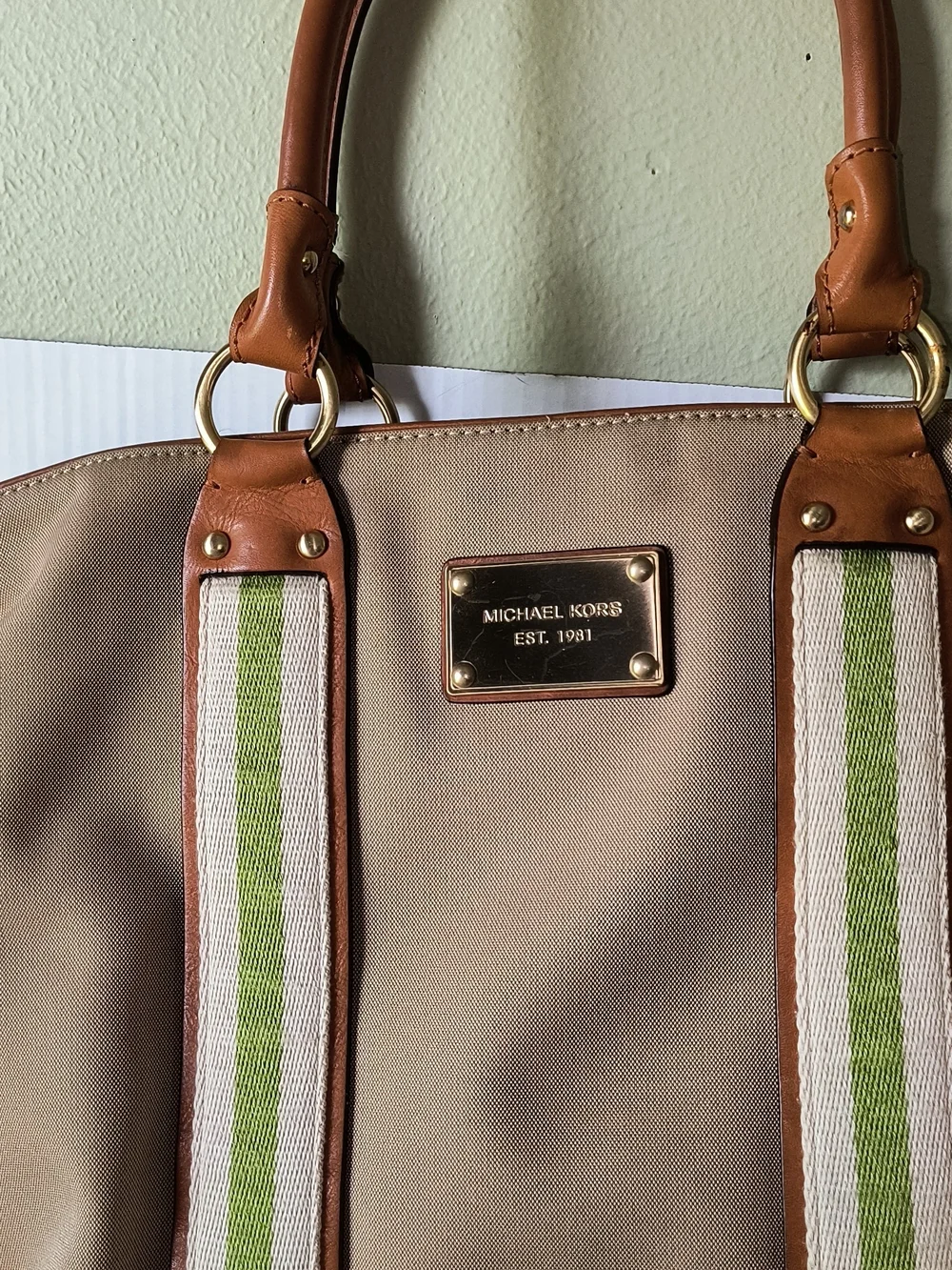 Michael Kors Beige Canvas Tote with Green Stripe and Brown Leather Trim